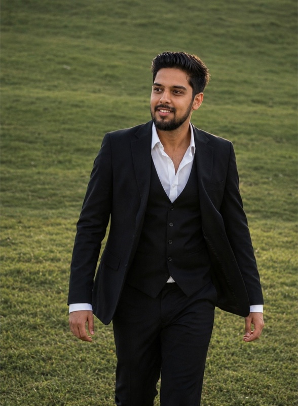 Emon Ahmed in a black three-piece suit, smiling and walking across a grassy hill